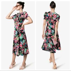 Les Reveries Hibiscus Floral Smocked Silk Midi Dress Women's 0